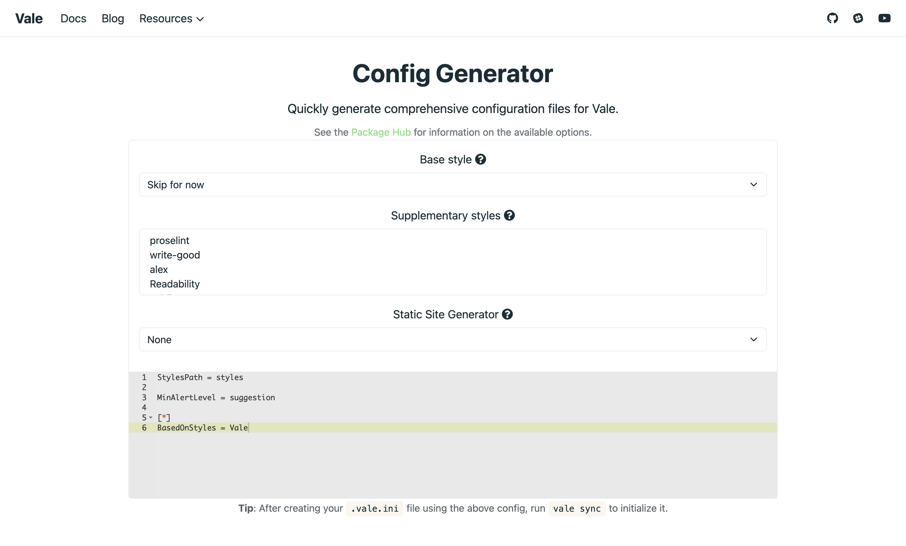 Vale Config Generator page